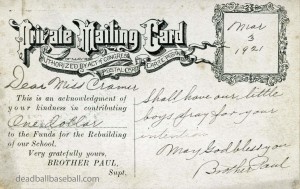 Reverse Of St. Mary's Industrial School Private Mailing Card, Featuring Babe Ruth's Band